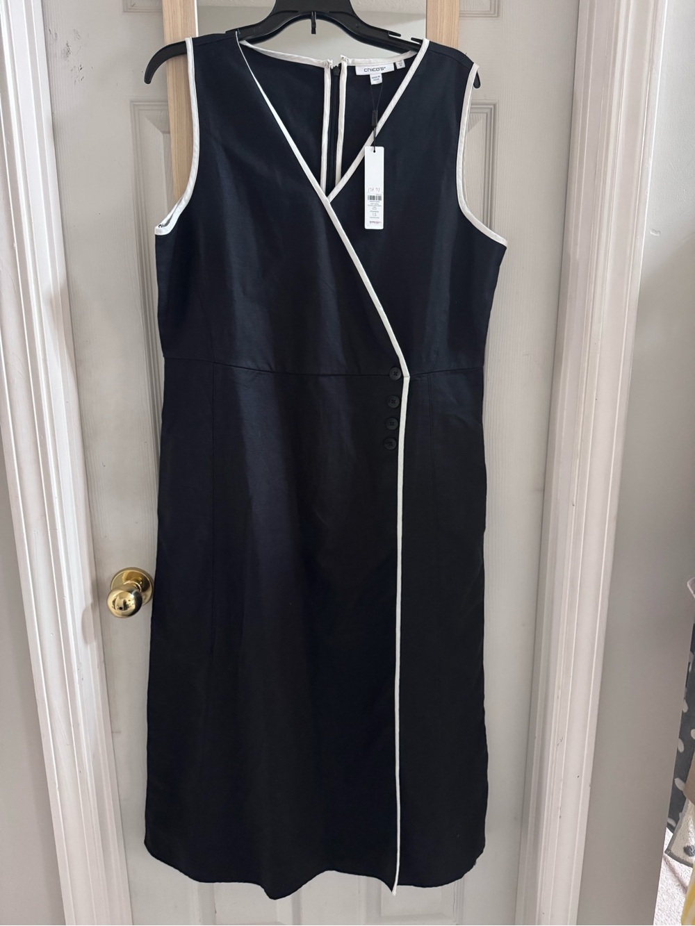 Chicos black linen midi dress with white pipping nwt